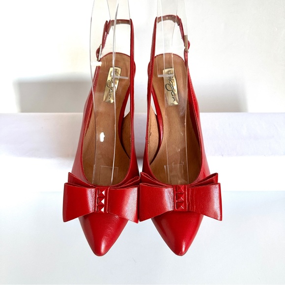 HALOGEN LILA RED LEATHER STUDDED BOW POINTED-TOE SLINGBACK HEELS PUMPS Sz7 - Picture 5 of 13